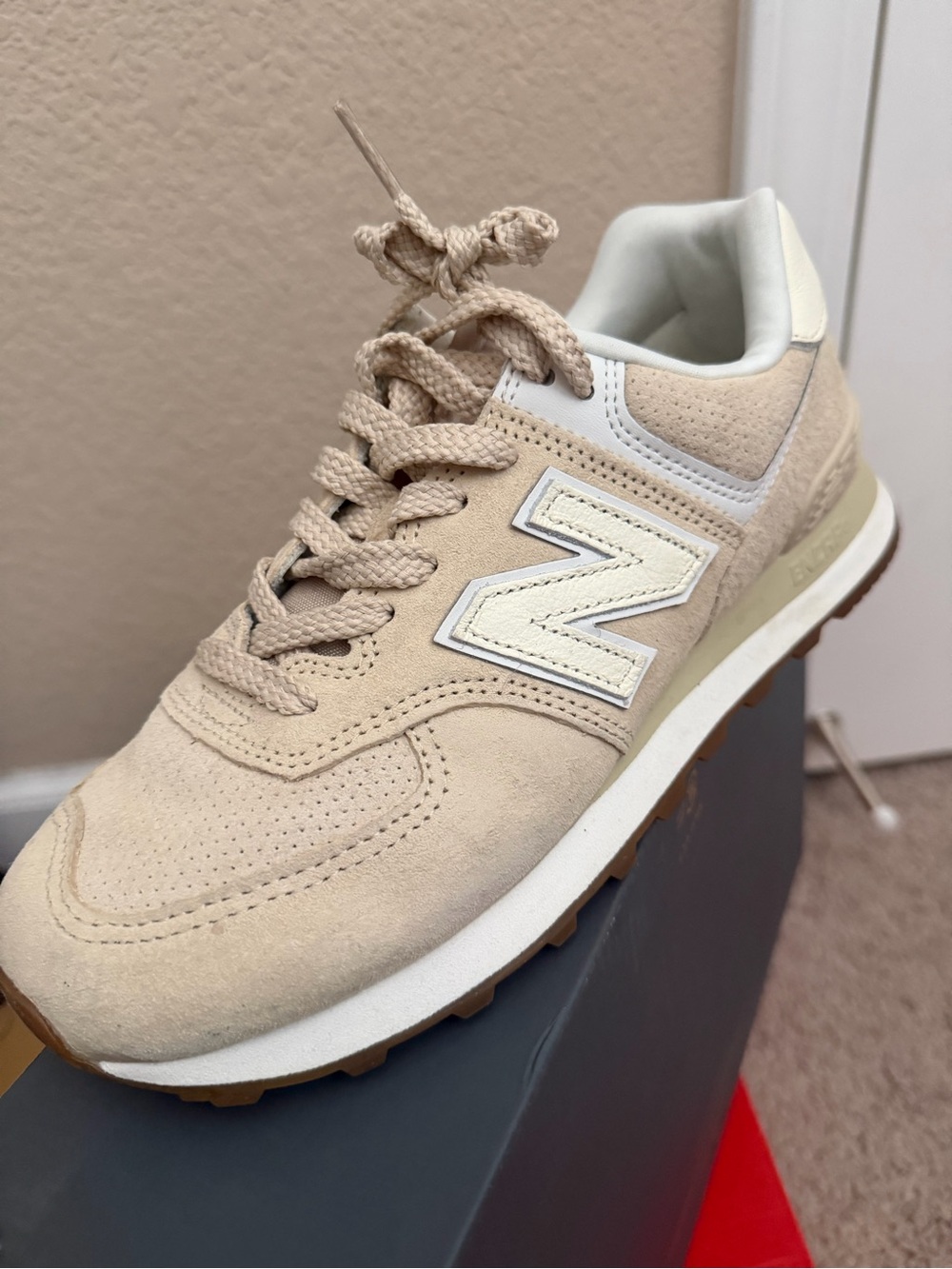 New Balance Beige Suede Sneaker with Cream Logo and Gum Sole